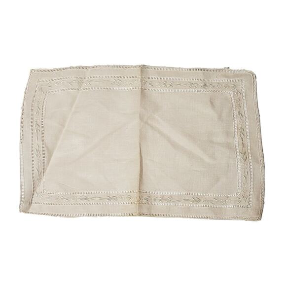 Vintage Embroidered Handkerchief Beige Floral Linen Small Bridal Pocket Scarf - Picture 1 of 8